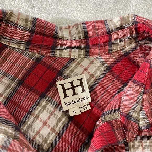 HAUTE HIPPIE Red Plaid Henley Pullover Flannel Elbow Sleeve Top - Picture 3 of 5